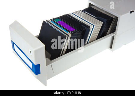 Several computer diskettes in a storage box, isolated on white Stock Photo