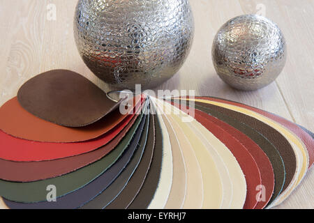 Natural leather upholstery samples in various colors Stock Photo