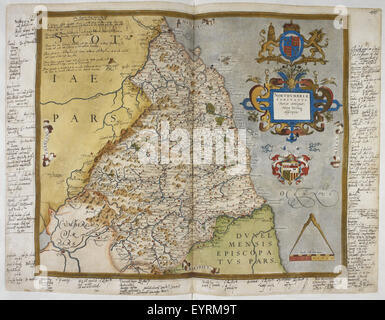 Lord Burghley's Atlas - caption: 'Engraved map of Northumberland, from drawings of Christopher Saxton. Dedicated to Queen Elizabeth I. With annotations in the hand of Lord Burghley.' Lord Burghley's Atlas - caption 'Engraved map of Northumberland, from Stock Photo