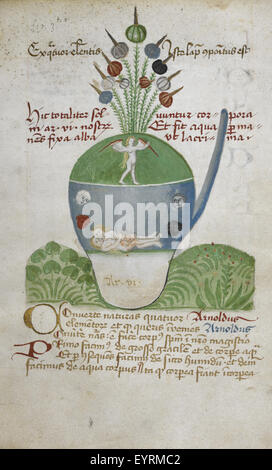 Opusculum Alchemicum - caption: 'Drawing of glass vessel containing figures relating to alchemical experimentation, with text' Opusculum Alchemicum - caption 'Drawing of glass vessel containing figures Stock Photo