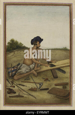 Tashrih al-aqvam, an account of origins and occupations of some of the sects, castes and tribes of India. - caption: 'Khati or Tarkhan, carpenter caste of the Panjab. Man sawing a plank.' Tashrih al-aqvam, an account of origins and occupations of some Stock Photo