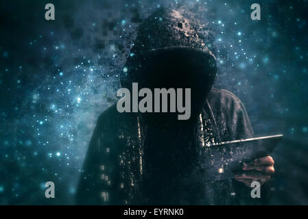Pixelated unrecognizable faceless hooded cyber criminal man using digital tablet in cyberspace Stock Photo