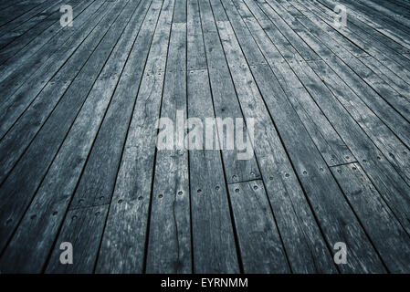 Rustic Wooden Boardwalk Texture in Perspective as Background for Product Placement, Cold Blue Tone Stock Photo