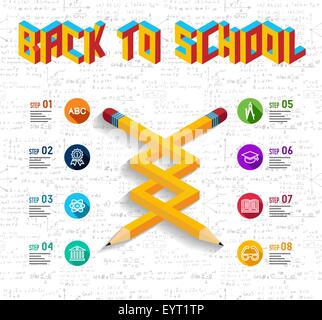 Back to school concept infographic with impossible pencil shape illustration and education elements seamless pattern background. Stock Vector