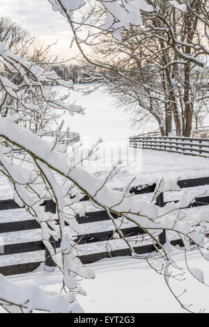 Farm fence covered in snow England UK Stock Photo - Alamy