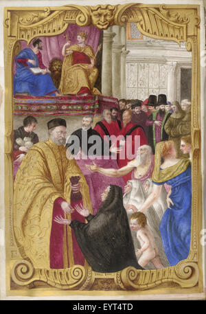 Dogal Commission of Hieronymus Zane - caption: 'Distribution of alms in a piazza by an elderly official, [Zane?]; behind, clerks with bags at a table, and on a dais above, St Mark, with lion, and Adria' Dogal Commission of Hieronymus Zane - caption 'Distribution of alms Stock Photo