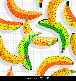Retro vintage 80s banana food fashion style seamless pattern illustration background. Ideal for fabric design, paper and print Stock Vector
