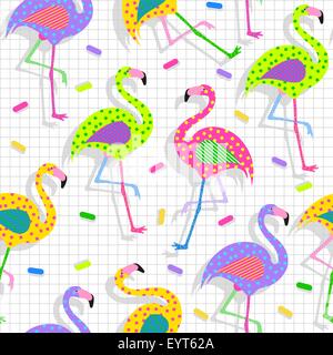 Retro vintage 80s flamingo fashion style seamless pattern illustration background. Ideal for fabric design, paper print and web Stock Vector