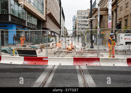 ongoing tram works Manchester city centre uk Stock Photo