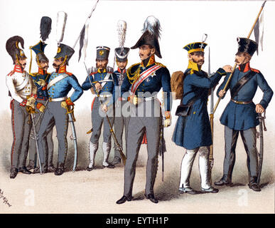 The figures pictured here represent Prussian military. From left to right, they are: Cuirassier 1814, Uhlan, Dragoon, infantry of the line, Hussar, General, Silesian Militia, and Militia Cavalry. The illustration dates to 1882.