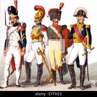 The figures pictured here represent French military in the early 1800s. From left to right, they are: Grenadier of  Imperial Guard 1809, Carabineer 1812, chasseur, and General 1810. The illustration dates to 1882. Stock Photo