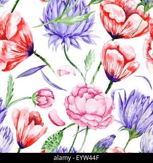 Bright seamless background with roses, peonies, poppies in purple and red colors fro wallpaper, textile and designs Stock Photo