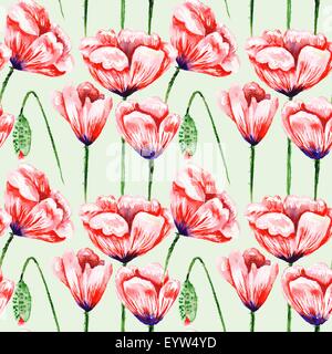 Seamless watercolor hand-painted background with red flowers on green backdrop for textile, business, wallpaper design. Stock Photo