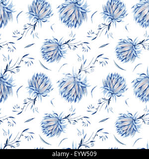 Seamless royal renaissance artistic background with blue peony flowers on white Stock Photo
