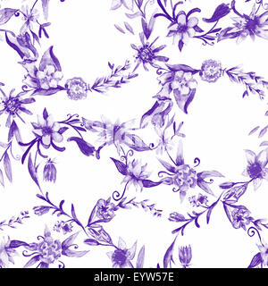 Seamless floral background with violet watercolor ornaments Stock Photo