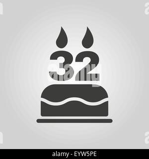 The birthday cake with candles in the form of number 32 icon. Birthday symbol. Flat Stock Vector