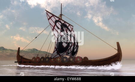 Drakkar on the water next to the coast by day - 3D render Stock Photo