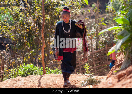 Native woman in typical clothing from the Ann tribe in a mountain village at Pin Tauk, Shan State Golden Triangle, Myanmar Stock Photo