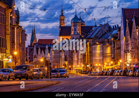 Cathedral of Our Lady, Perlach Tower, City Hall, Hercules Fountain, in the evening, Augsburg, Swabia, Bavaria, Germany Stock Photo