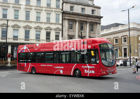 A Hydrogen powered bus turns from Borough High Street in to Tooley Street London. It is on route RV1 Stock Photo