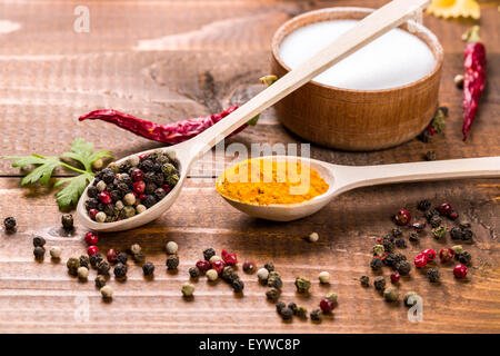 Various spices for cooking oh the wood table Stock Photo