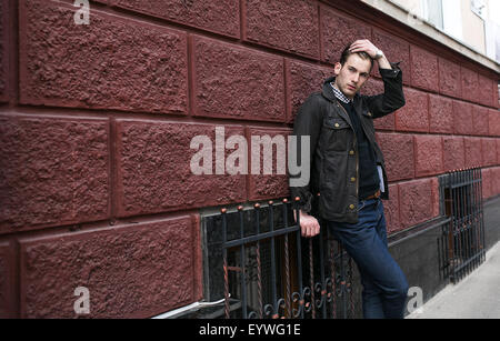Confident man posing in selvedge  jeans Stock Photo