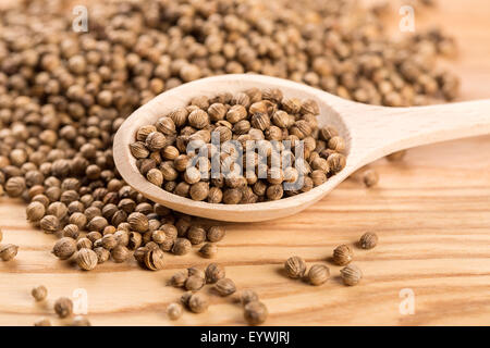 Close up of dried coriander seeds in the wooden spoon on the wood table Stock Photo