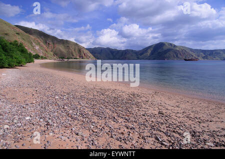 A rocky beach in the Batu Monco bay a the north west point of Komodo Island, Komodo National Park, Indonesia, Pacific Ocean Stock Photo