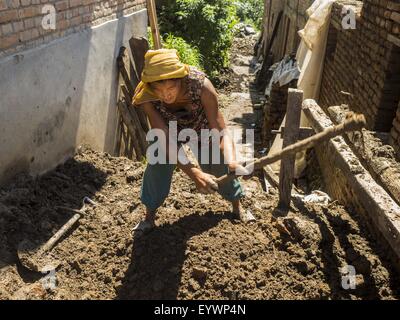 Sankhu, Central Region, Nepal. 3rd Aug, 2015. A woman digs up mud to be used as mortar in the repair of a home destroyed in the earthquake in Sankhu, a community about 90 minutes from central Kathmandu. The Nepal Earthquake on April 25, 2015, (also known as the Gorkha earthquake) killed more than 9,000 people and injured more than 23,000. It had a magnitude of 7.8.  It was the worst natural disaster to strike Nepal since the 1934 Nepal''“Bihar earthquake. © ZUMA Press, Inc./Alamy Live News Stock Photo
