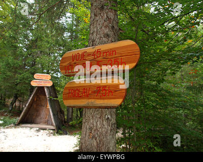 Wood signs for directions to various mountains routes in Triglav National Park. Slovenia. Stock Photo