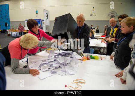 Friday May 8 2015, Aberaeron Wales UK - Emptying the ballot boxes prior to counting the votes cast  in the Ceredigion constituency in the May 2015 UK General Election.  Lib Dem candidate MARK WILLIAMS retained his seat as the MP with a majority of 3,000 , one of only 8 Lib Dem MP's to be re-elected that night Stock Photo