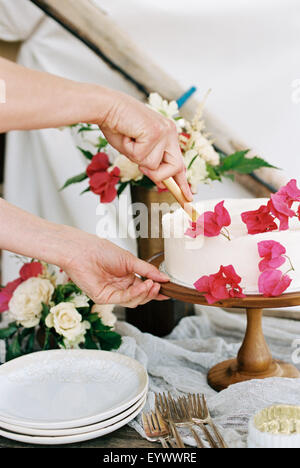 woman cutting a cake with white icing Stock Photo