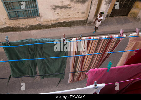 Laundry drying on a close line in Old Havana, Cuba. Stock Photo
