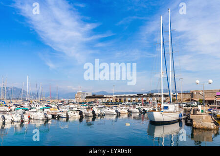 Sailing yachts and pleasure motor boats moored in marina of Ajaccio, Corsica island, France Stock Photo