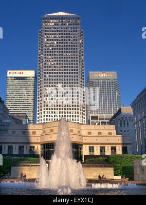 Cabot Square Canada One HSBC and CiTi Banks with fountains Canary Wharf London financial district Stock Photo