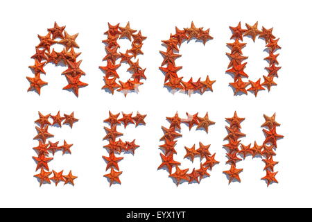 Alphabet letters made of real starfish isolated on white background, letters A to H, part 1 of 3 Stock Photo