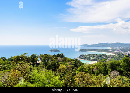 High scenic view beautiful landscape blue sky in summer over the sea at Hat Kata Karon or Three Beach Viewpoint in Phuket island Stock Photo