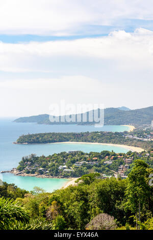 High scenic view beautiful landscape three beach and sea at Hat Kata Karon Viewpoint in Phuket island, Thailand Stock Photo