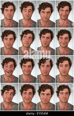 Regular average looking man making various facial expressions in collage Stock Photo