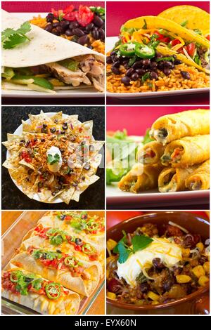 Collage of various Mexican dishes including enchiladas taquidos nachos and fajitas Stock Photo
