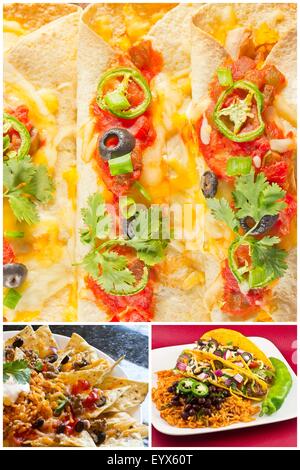 Collage of various Mexican dishes including enchiladas taquidos nachos and fajitas Stock Photo