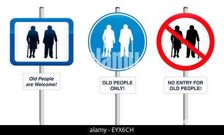 Old People - Three road signs, that welcome old people or that try to keep them away. Illustration on white background. Stock Photo