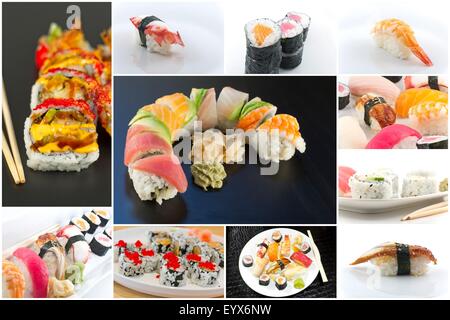 Variety of popular sushi rolls in Japanese food collage imagery Stock Photo