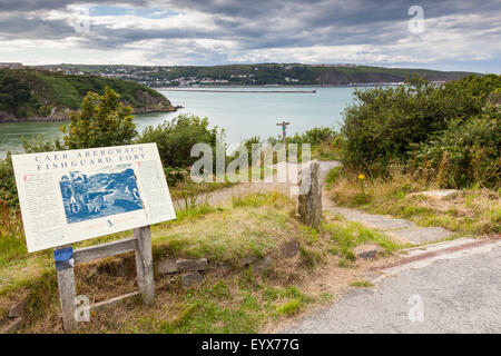 The coast path to Fishguard Fort, perched above Lower Town, Fishguard, Pembrokeshire, Wales, UK, with Goodwick in the background Stock Photo