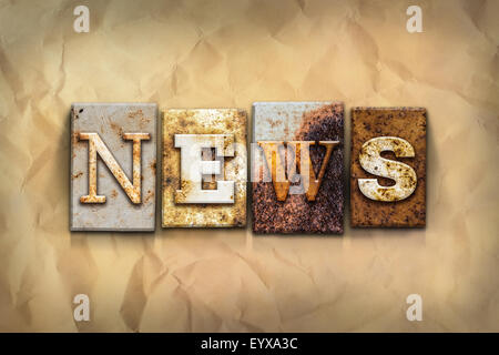 The word 'NEWS' written in rusty metal letterpress type on a crumbled aged paper background. Stock Photo