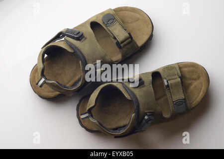 Green Leather Sandals on White Background Stock Photo