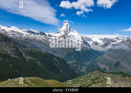 View of the Matterhorn from above the Sunnegga lift station on the Marmot trail Stock Photo