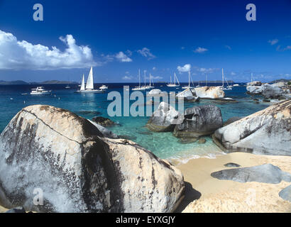 North America, Caribbean, British Virgin Islands, Virgin Gorda, boats anchored at The Baths Stock Photo