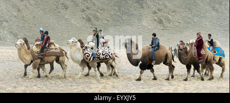 Parade of Bactrian racing camels and their riders, Eagle Festival, Olgii, Western Mongolia Stock Photo