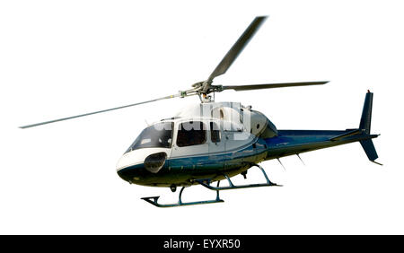 Blue and white helicopter in flight isolated against white background Stock Photo